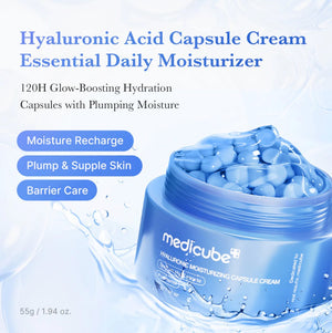 Crema hidratante KSTANDARBEAUTY Medicube con cápsulas azules de ácido hialurónico en tarro azul para piel luminosa