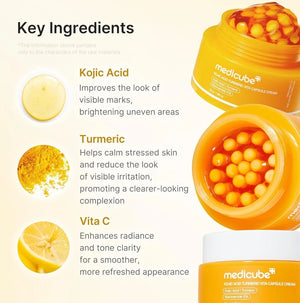 Crema facial iluminadora KSTANDARBEAUTY Medicube con cápsulas de ácido kójico, cúrcuma y vitamina C para manchas oscuras.