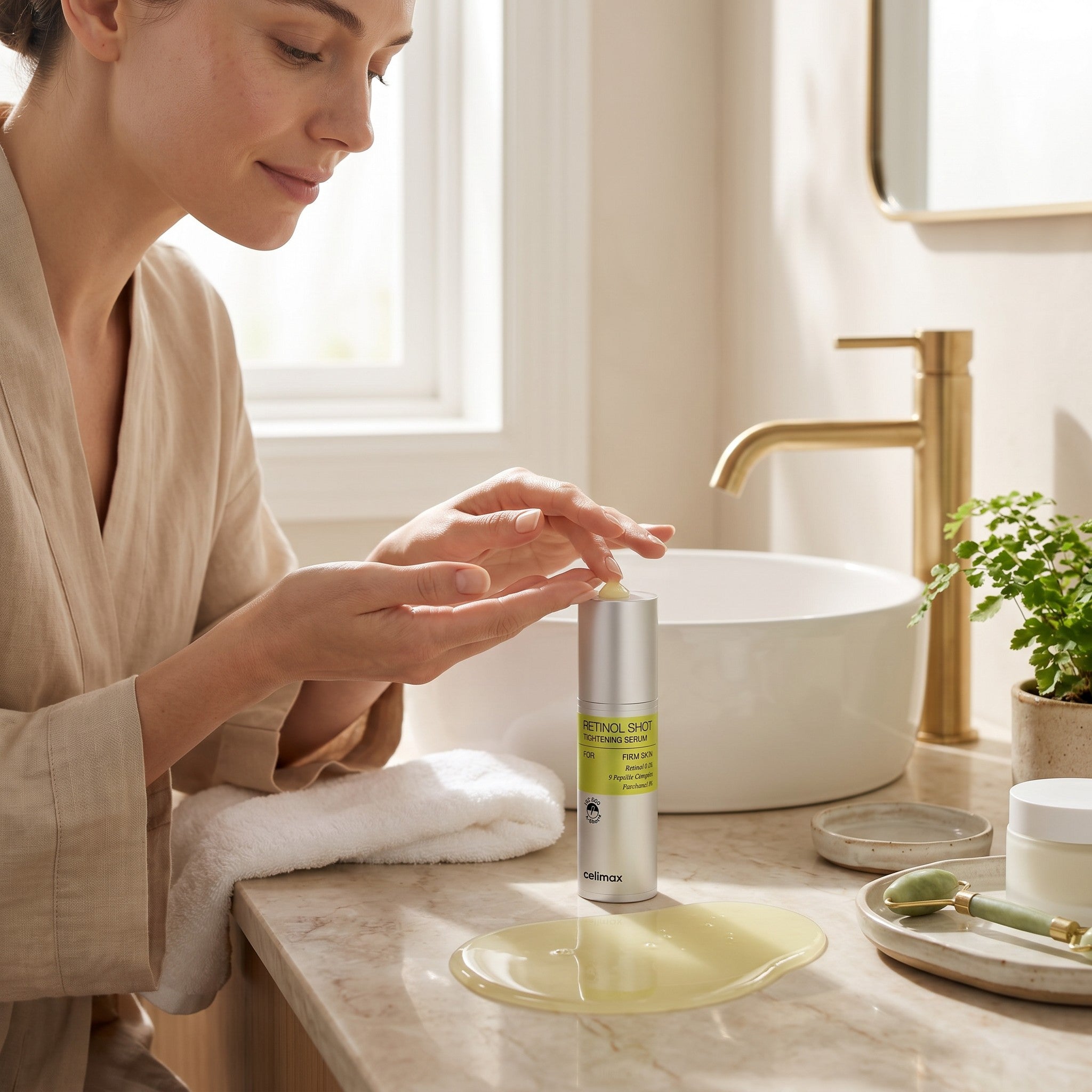 Mujer aplicando sérum antiedad KSTANDARBEAUTY Celimax Retinol Shot en un baño luminoso con accesorios de cuidado facial