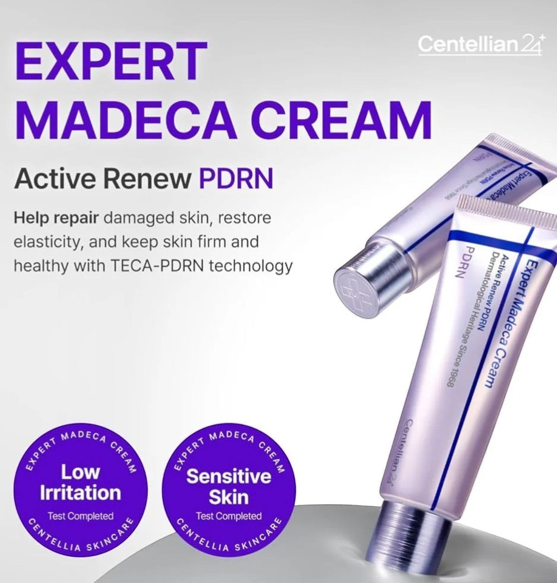 KSTANDARBEAUTY Expert Madeca Cream Active Renew PDRN para piel dañada y sensible. Tubo plateado y morado.
