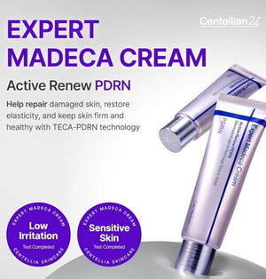 KSTANDARBEAUTY Expert Madeca Cream Active Renew PDRN para piel dañada y sensible. Tubo plateado y morado.