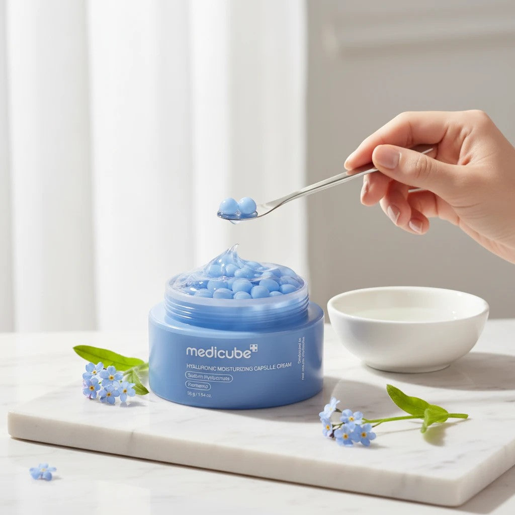 Crema hidratante KSTANDARBEAUTY Medicube con cápsulas azules de ácido hialurónico y textura en gel sobre base de mármol