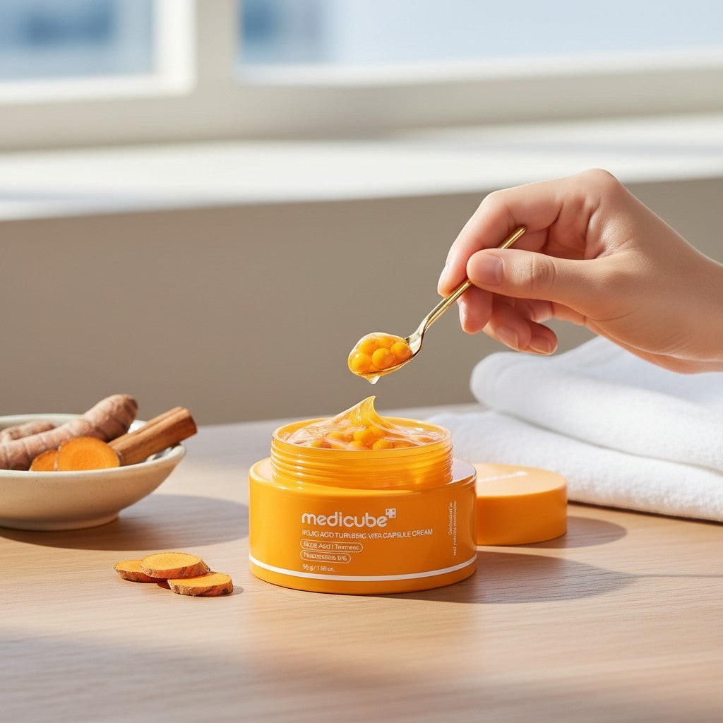 Crema hidratante KSTANDARBEAUTY Medicube con cápsulas de cúrcuma y ácido kójico, textura gel naranja sobre cuchara
