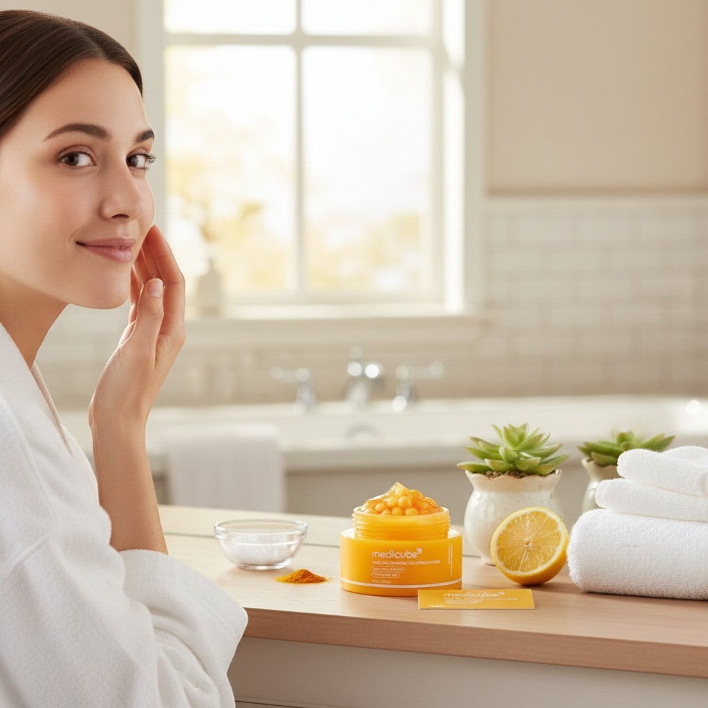 Mujer sonriente aplicando crema iluminadora KSTANDARBEAUTY Medicube con cápsulas de cúrcuma y ácido kójico en su rostro.