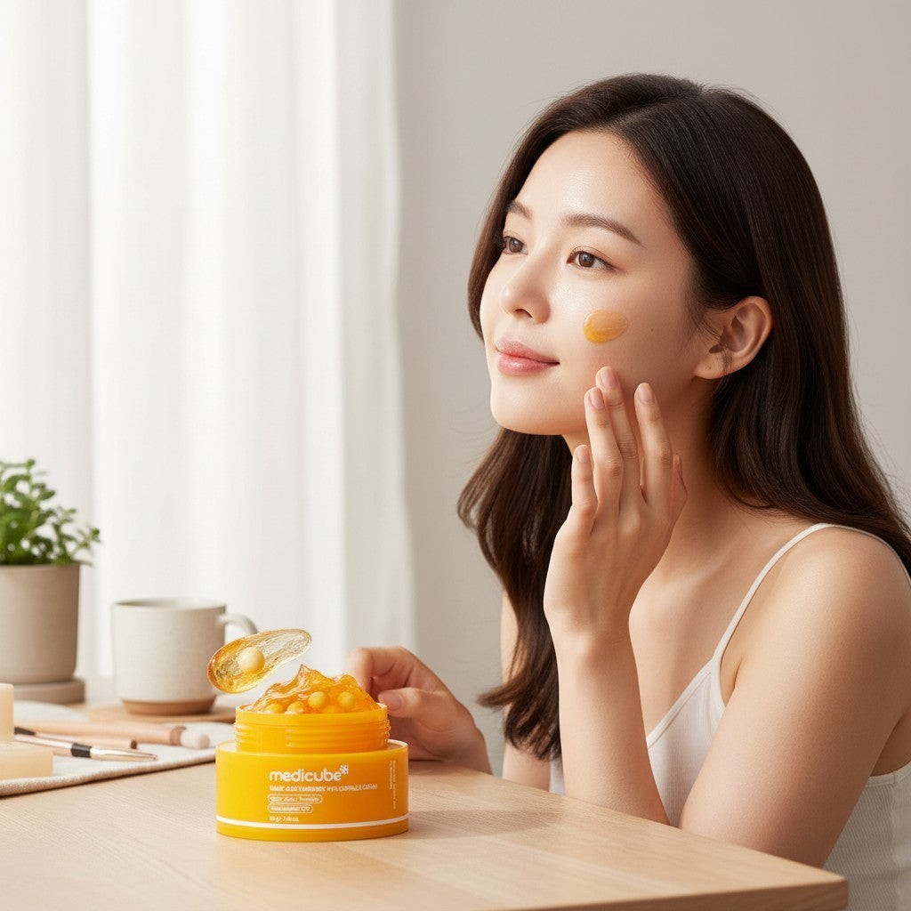 Mujer aplicando crema iluminadora KSTANDARBEAUTY Medicube con cápsulas de cúrcuma y ácido kójico en su rostro