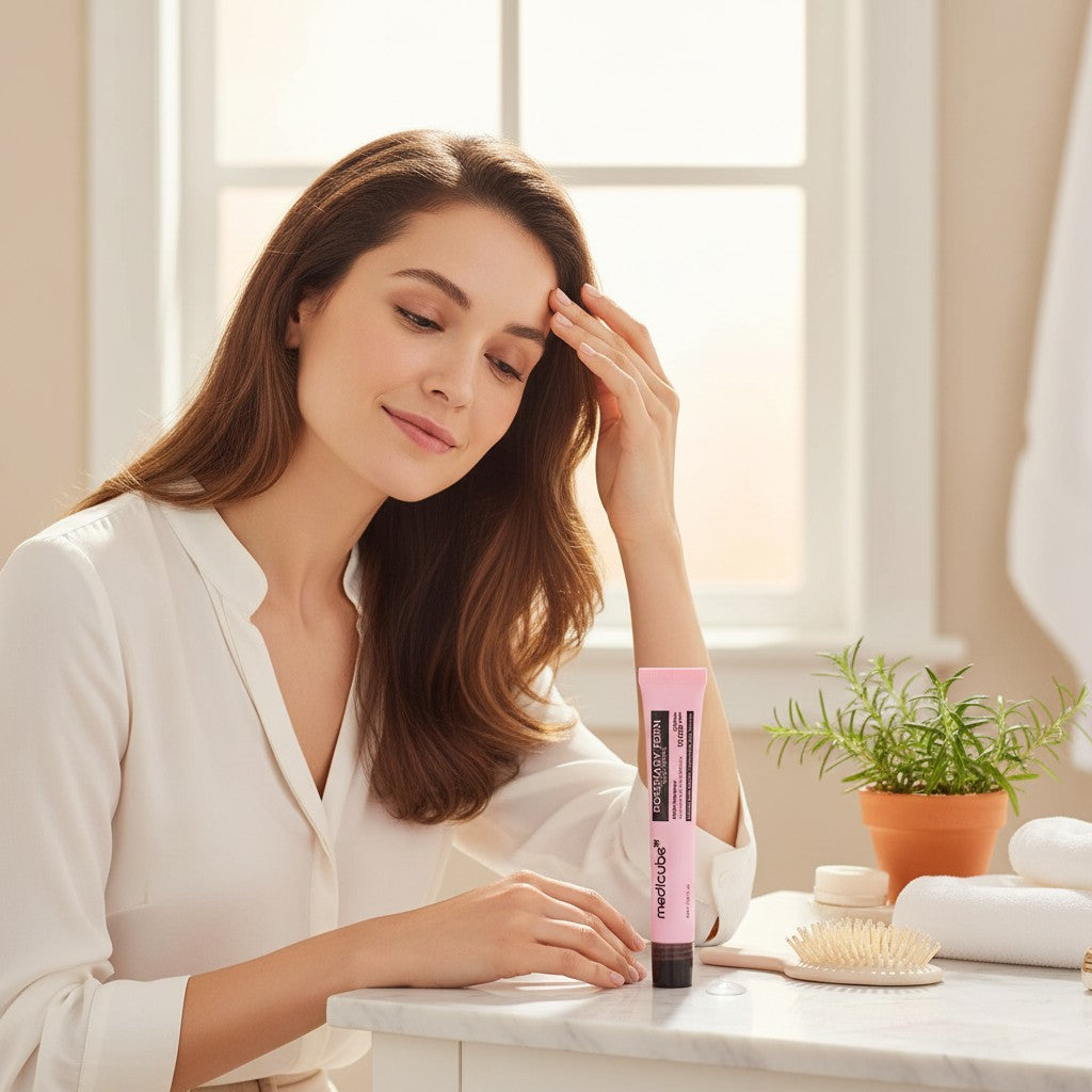 Mujer aplicando sérum capilar KSTANDARBEAUTY Rosemary PDRN de Medicube para fortalecer el cuero cabelludo