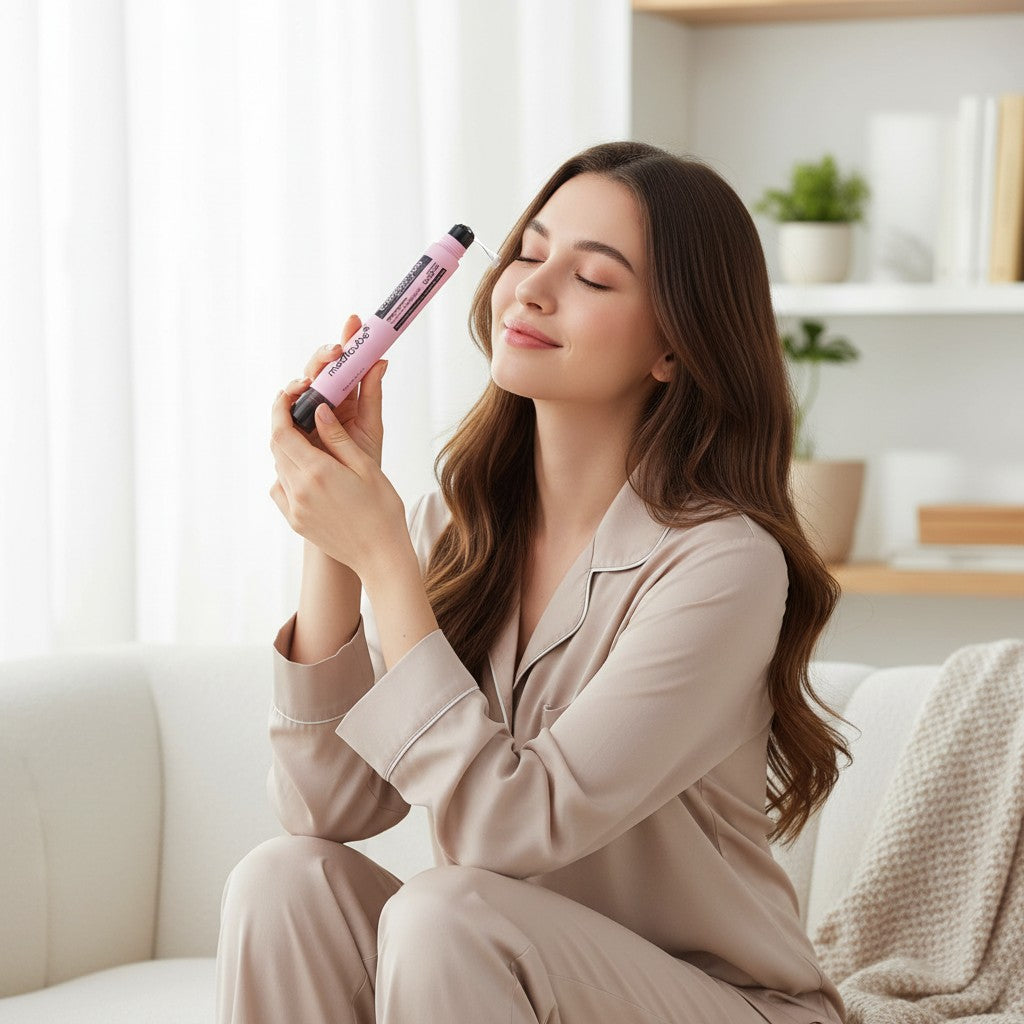 Mujer joven con pijama beige sosteniendo el sérum capilar KSTANDARBEAUTY medicube Rosemary PDRN en un salón luminoso
