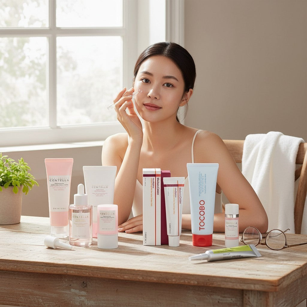 KSTANDARBEAUTY colección de cuidado de la piel con sérum, crema, protector solar y más. Incluye productos de centella y retinal.